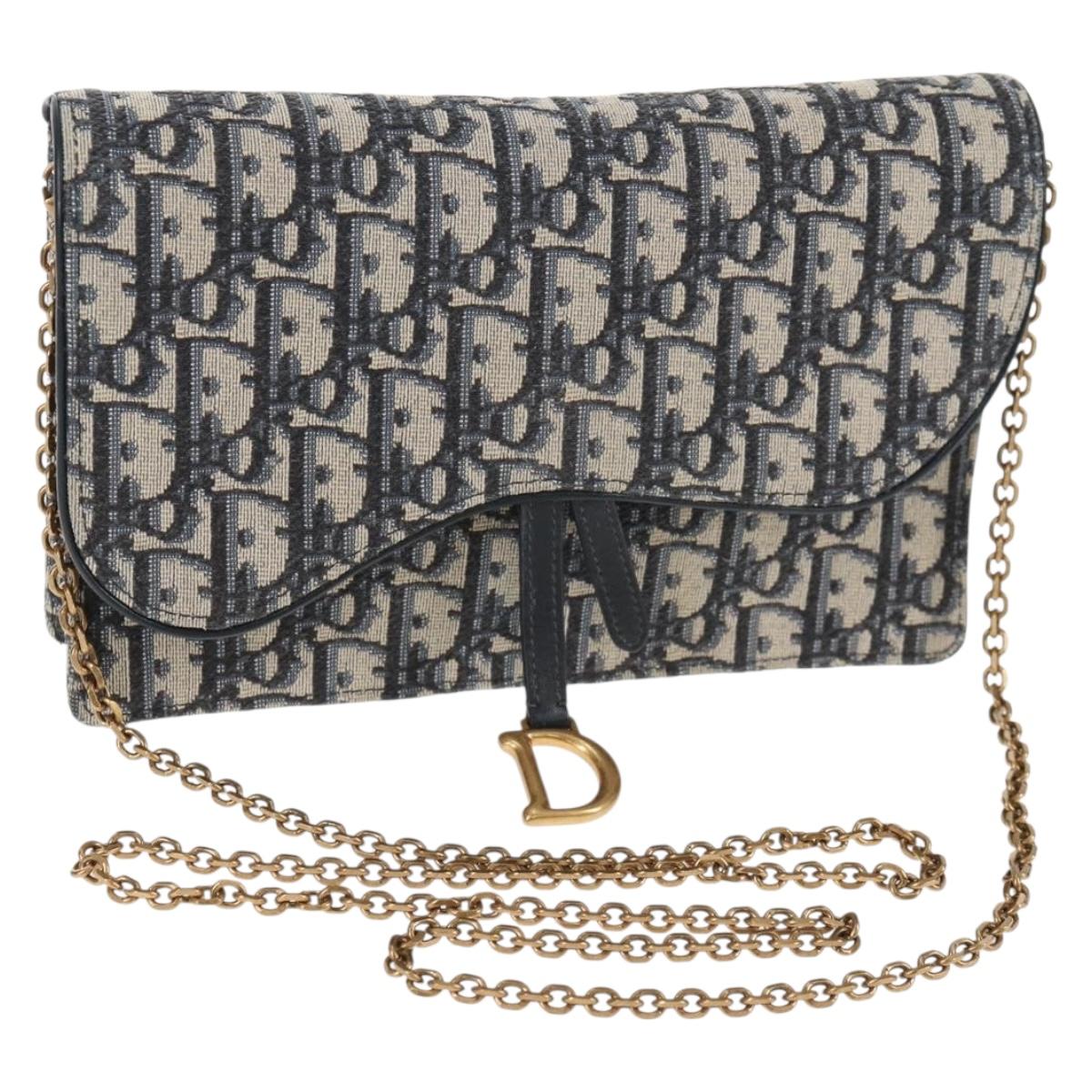 Christian Dior Oblique Trotter Canvas Chain Shoulder Bag Navy Gold Auth 139042M