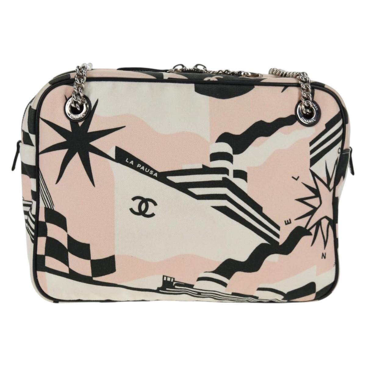 CHANEL Chain Cruise line Shoulder Bag Canvas Pink Silver CC Auth 139043V