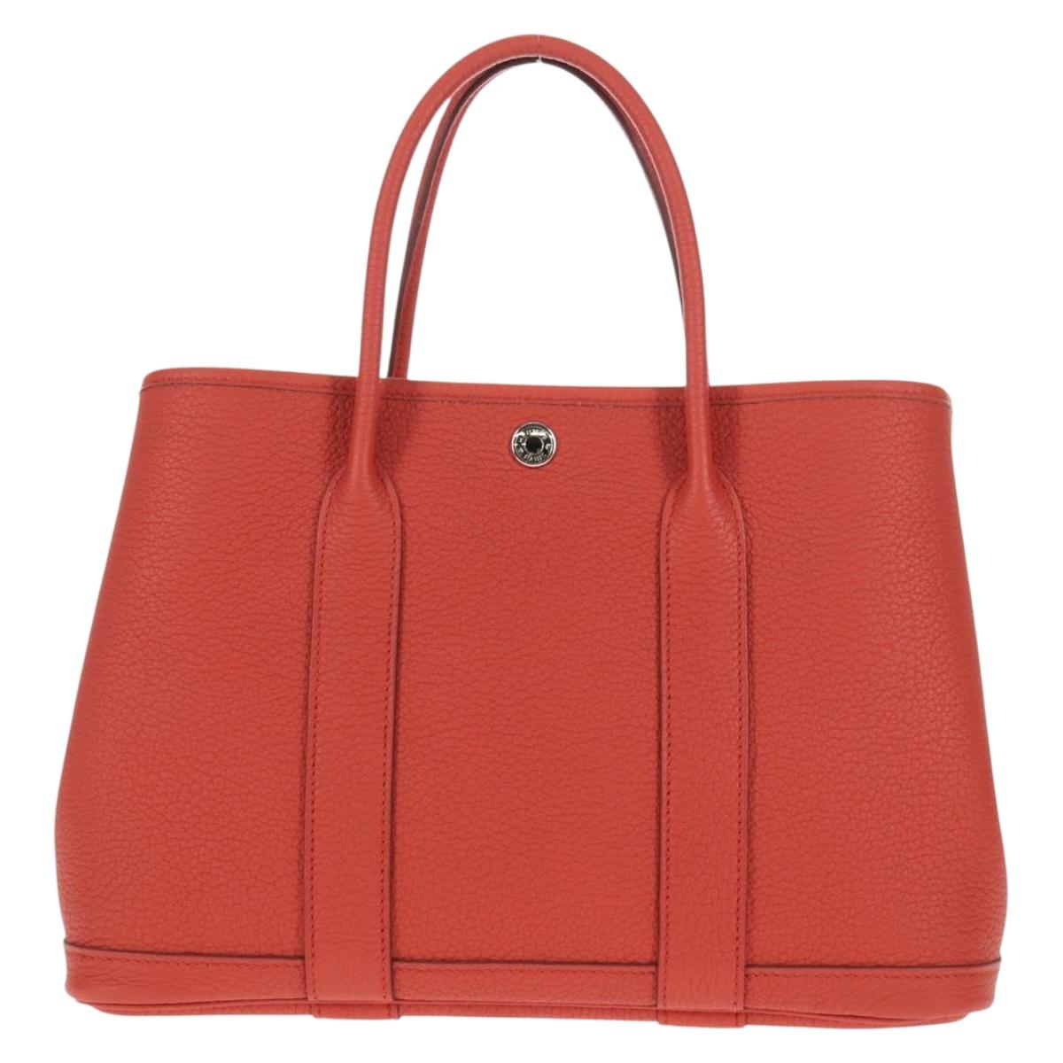 HERMES Garden Party TPM Hand Bag Leather Orange Silver Auth 139049M