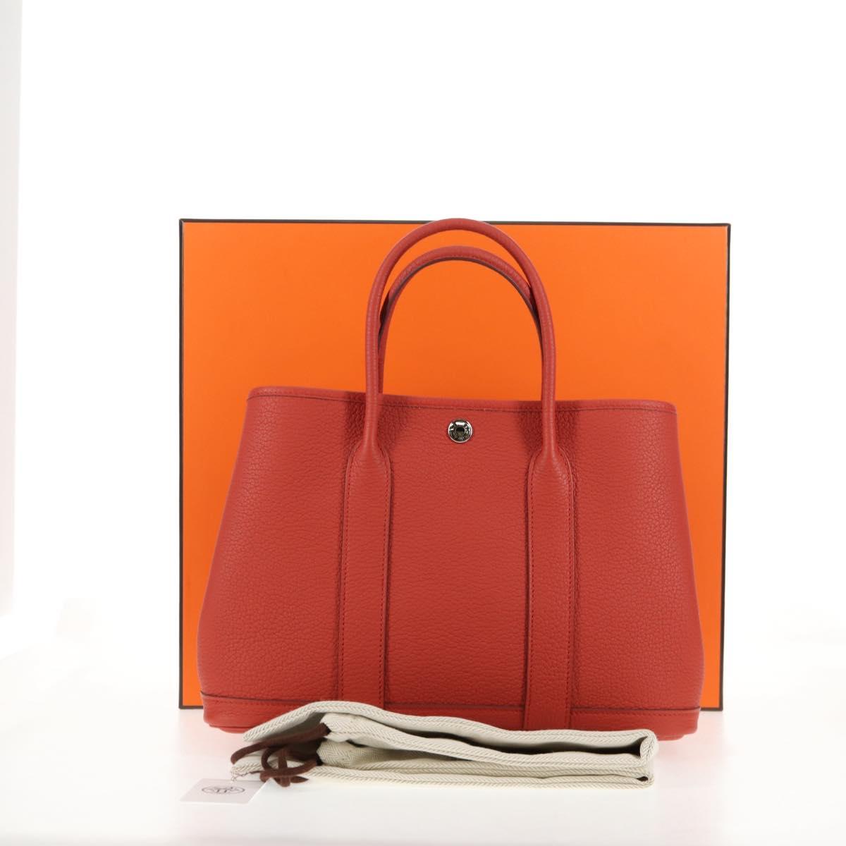 HERMES Garden Party TPM Hand Bag Leather Orange Silver Auth 139049SM