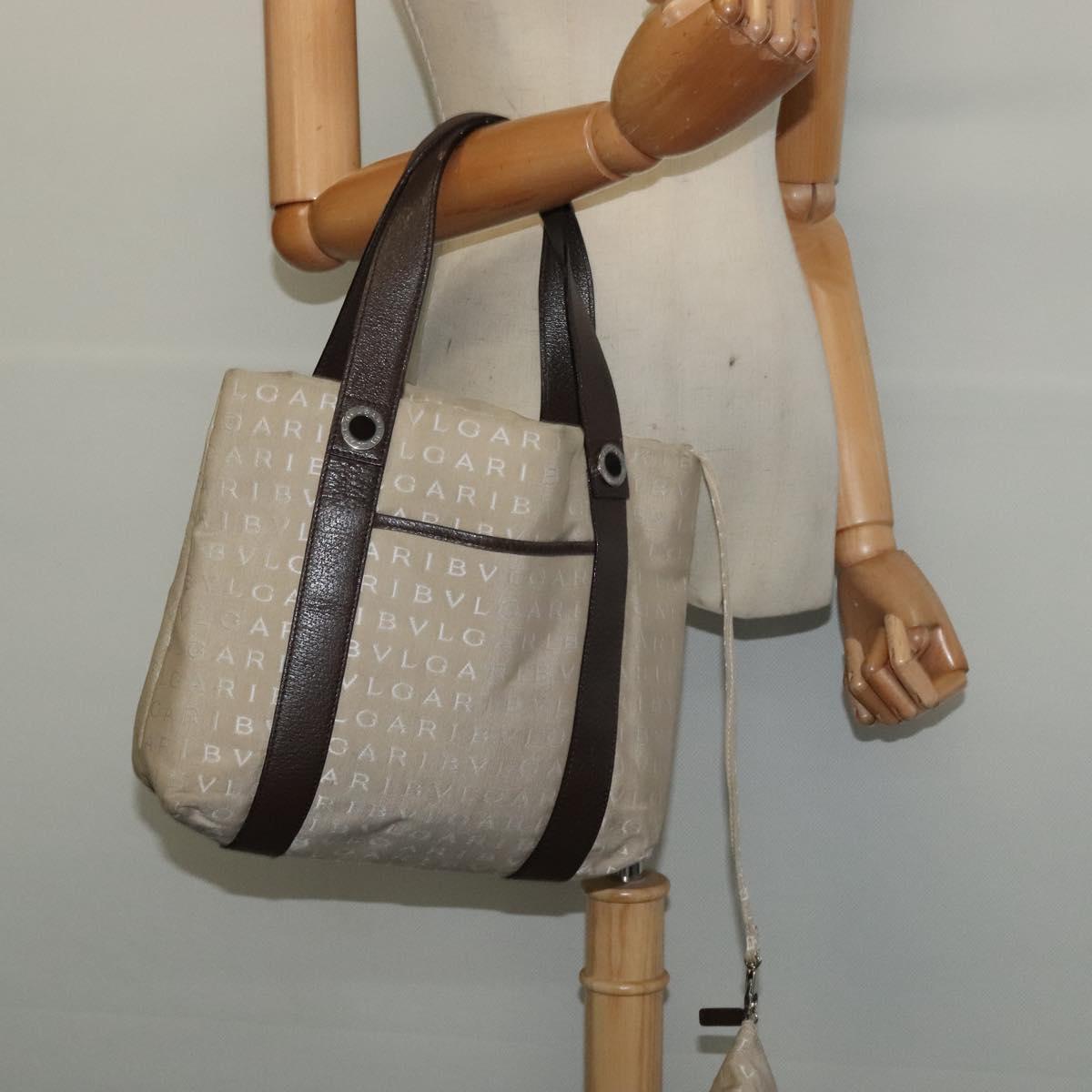 BVLGARI Logo Mania Tote Bag Canvas Beige Silver Auth 139062