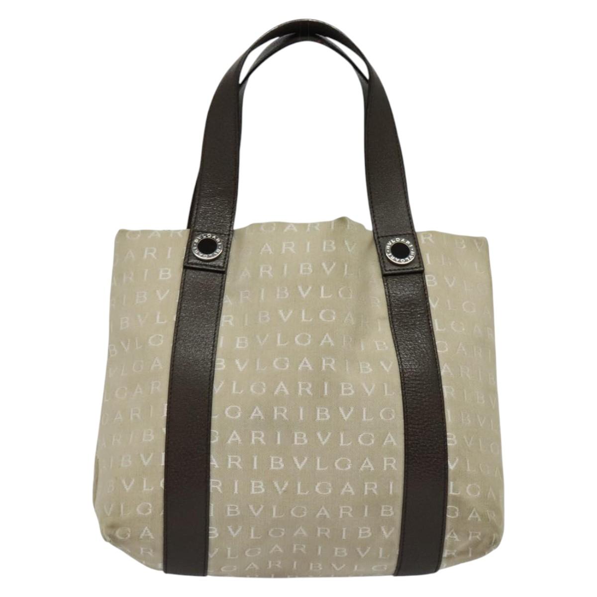 BVLGARI Logo Mania Tote Bag Canvas Beige Silver Auth 139062