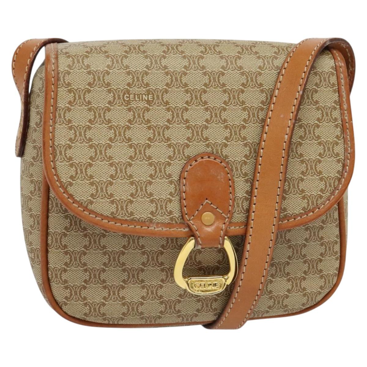 CELINE Macadam Canvas Shoulder Bag PVC Beige Gold Auth 139068