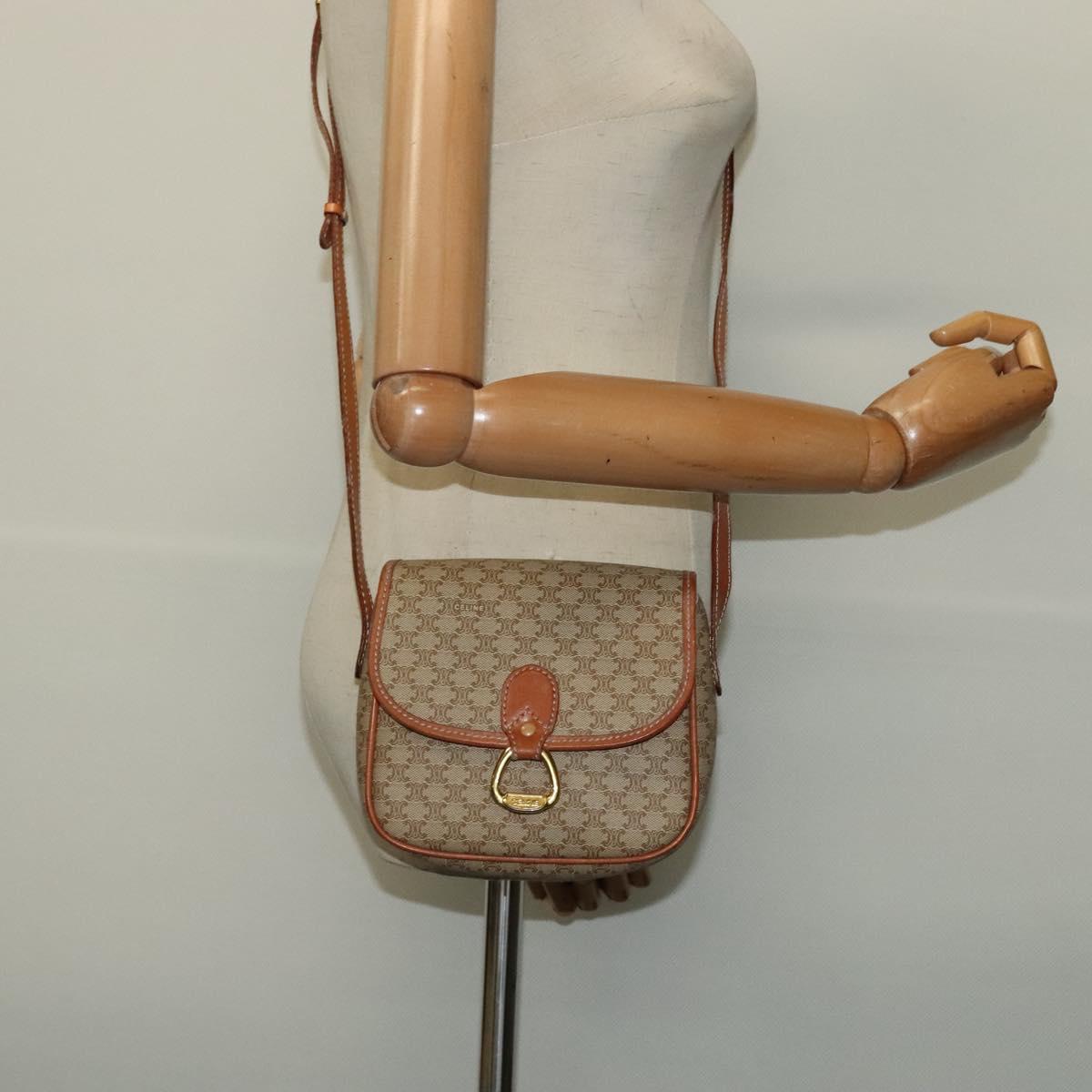 CELINE Macadam Canvas Shoulder Bag PVC Beige Gold Auth 139068