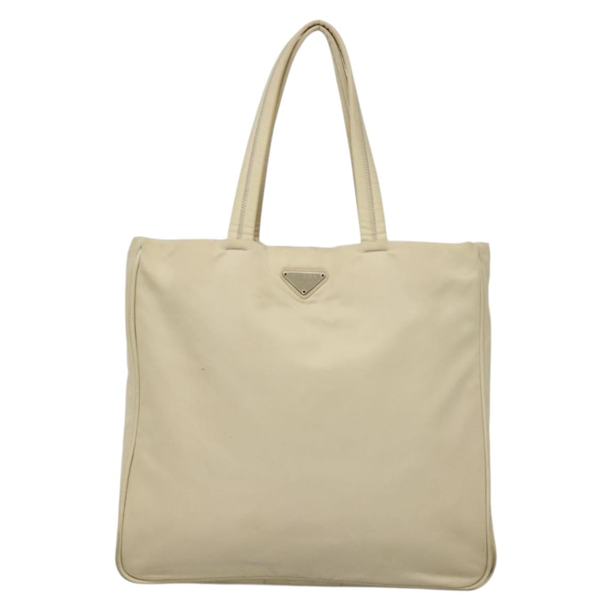 PRADA Tote Bag Nylon Beige Silver Auth 139071