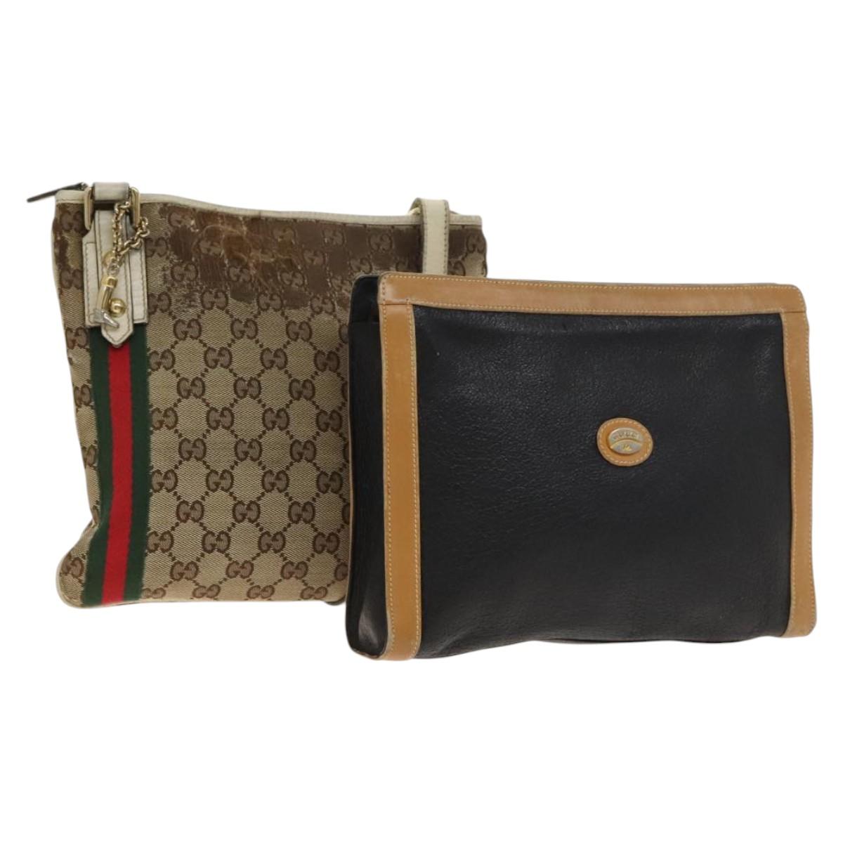 GUCCI GG Canvas Web Sherry Line Bag Leather 2Set Beige Black Auth 139097