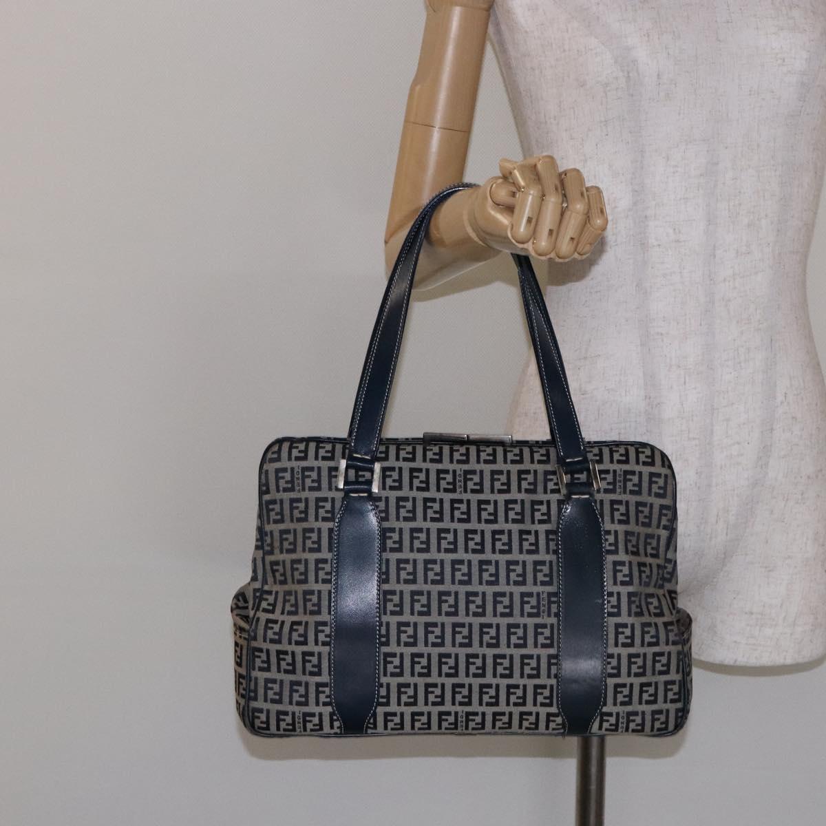 FENDI Zucchino Canvas Tote Bag Navy Silver Auth 139133