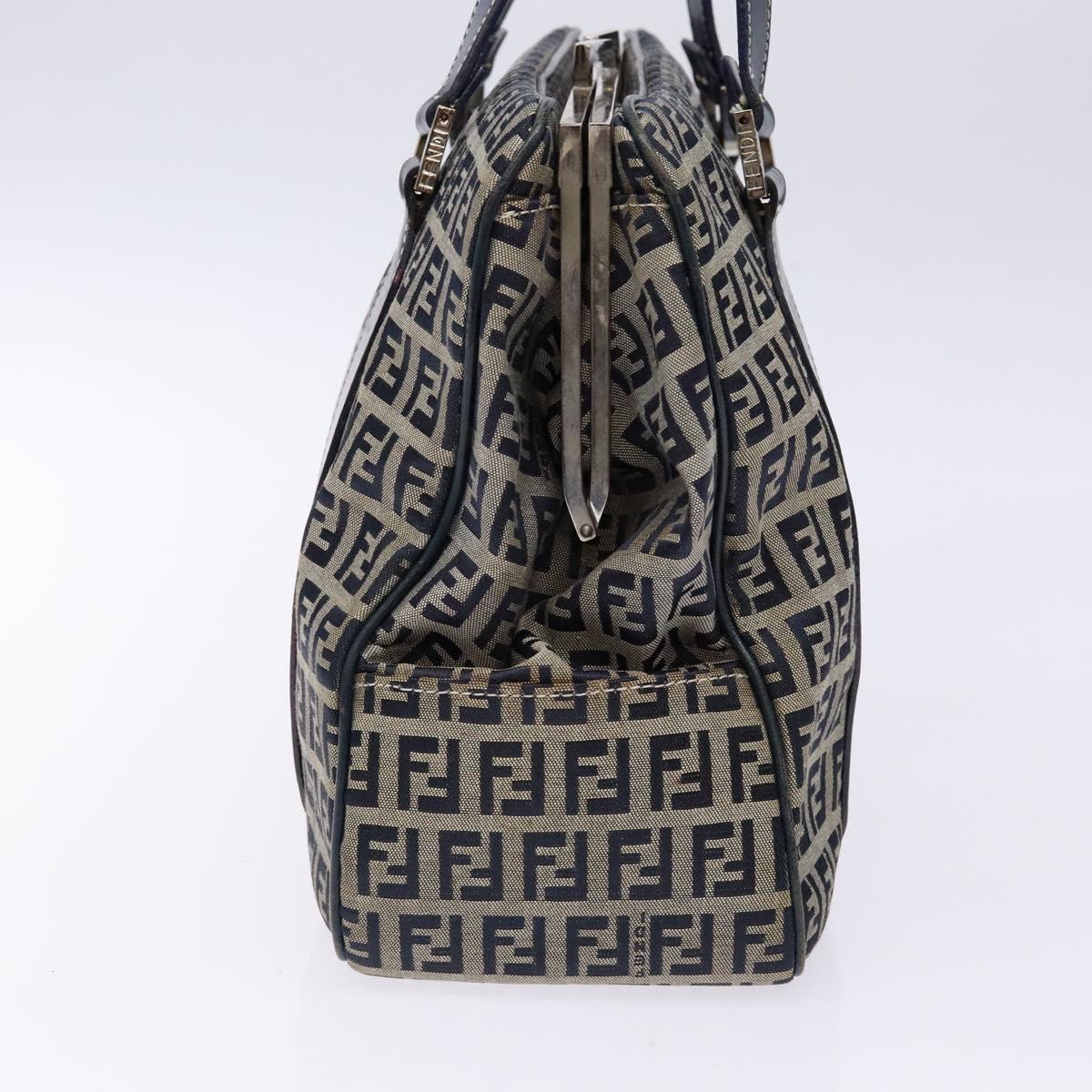 FENDI Zucchino Canvas Tote Bag Navy Silver Auth 139133