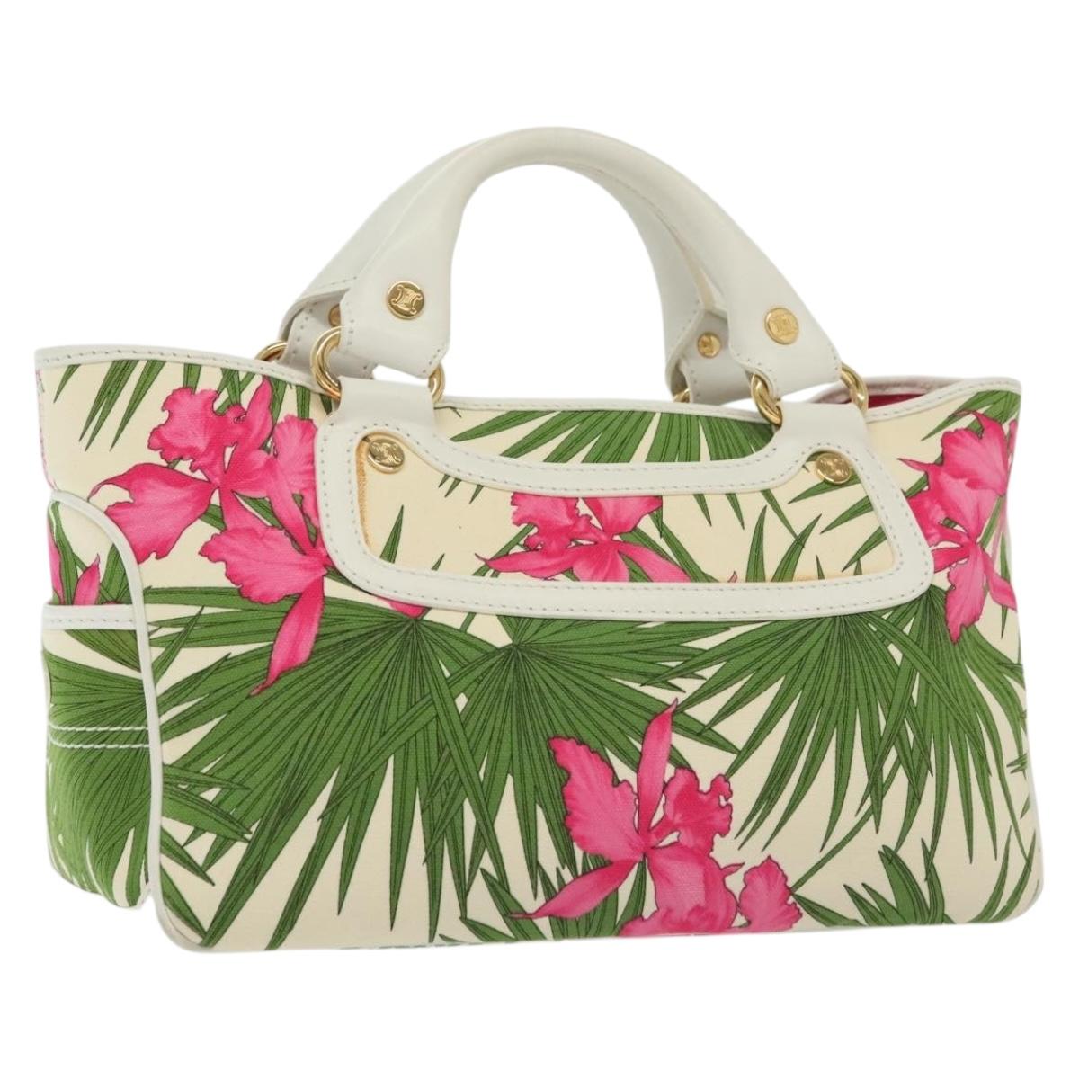 CELINE Hand Bag Canvas White Gold Auth 139166