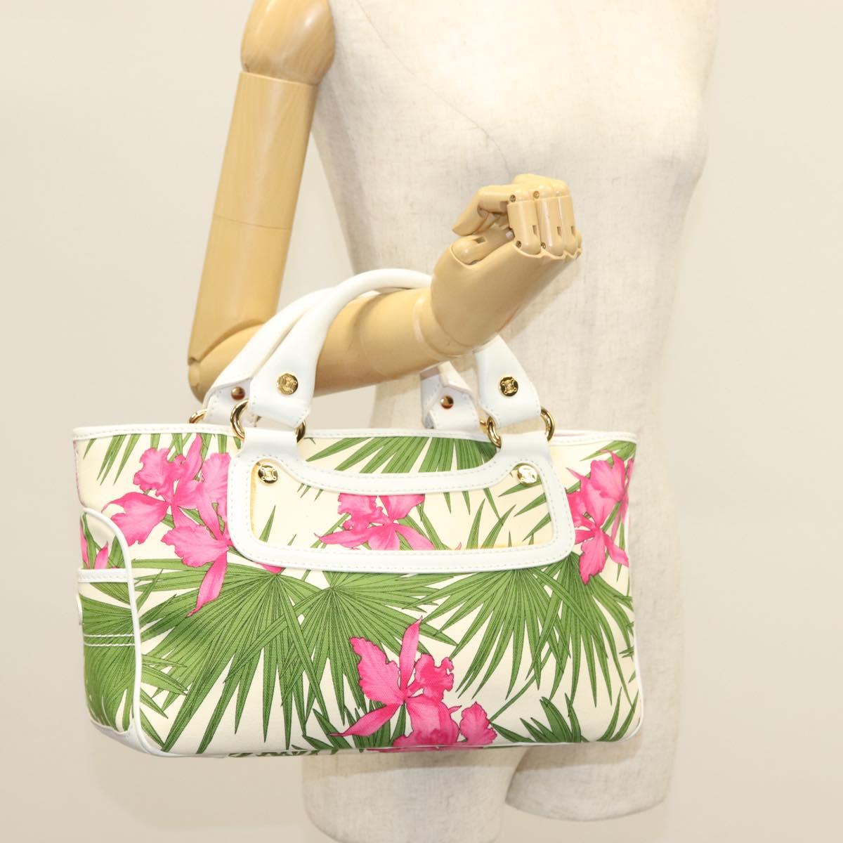 CELINE Hand Bag Canvas White Gold Auth 139166