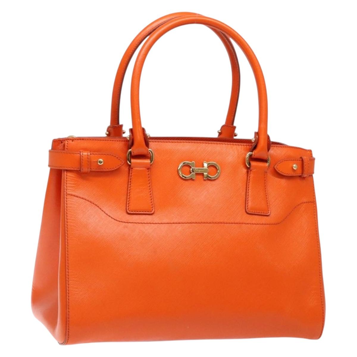 Salvatore Ferragamo Gancini Hand Bag Leather Orange Gold Auth 139190