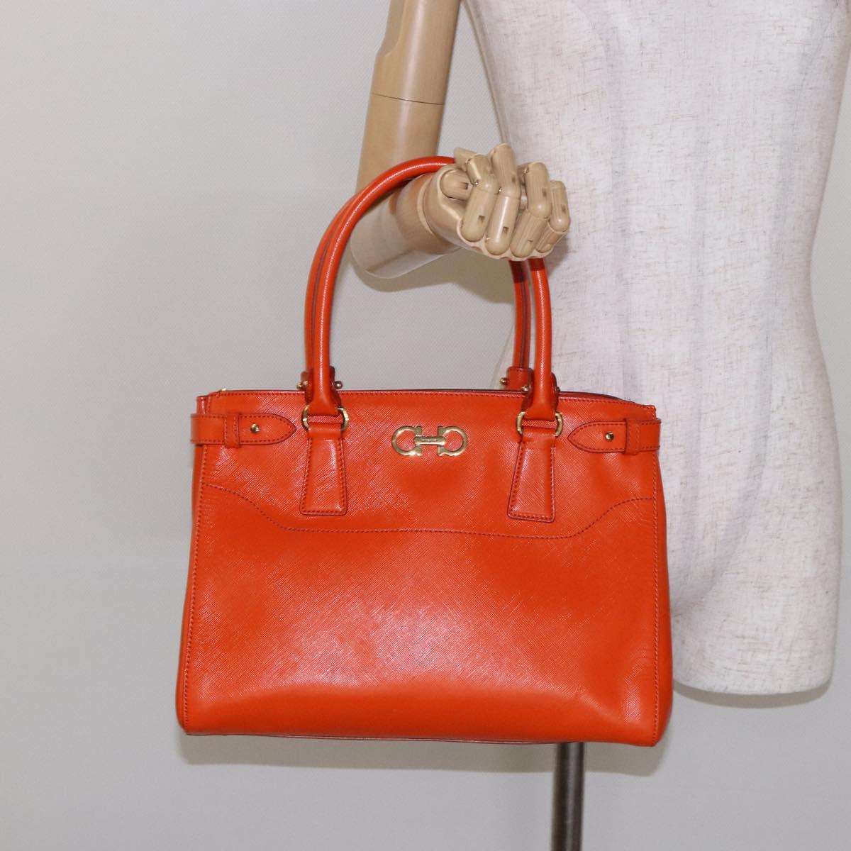 Salvatore Ferragamo Gancini Hand Bag Leather Orange Gold Auth 139190