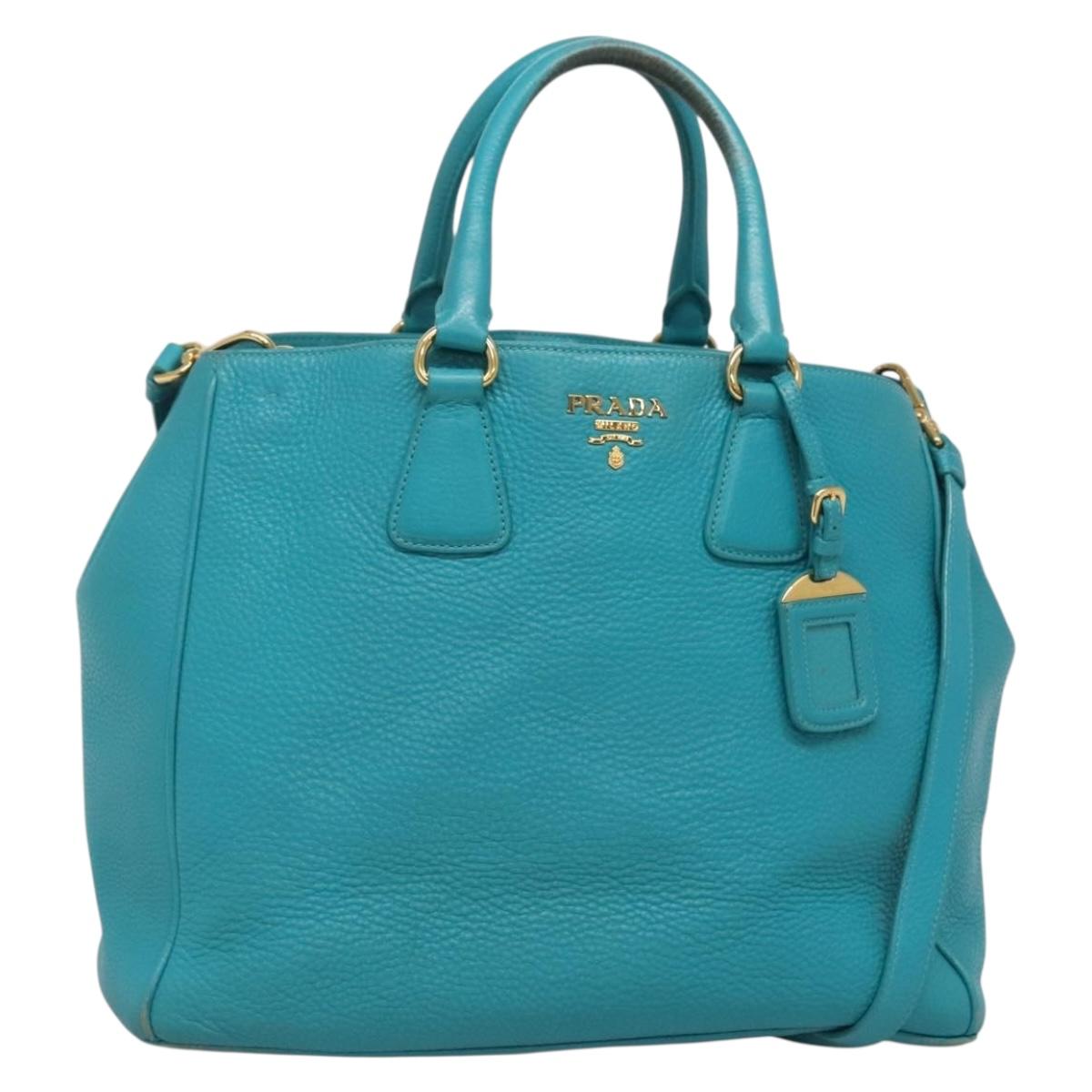 PRADA Hand Bag Leather 2way Green Gold Auth 139193