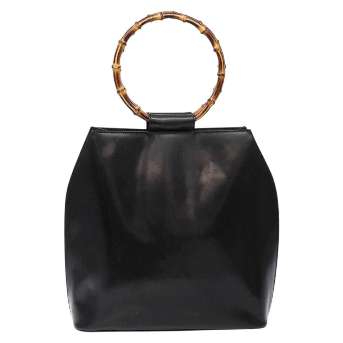 GUCCI Bamboo Hand Bag Leather Black Gold Auth 139214