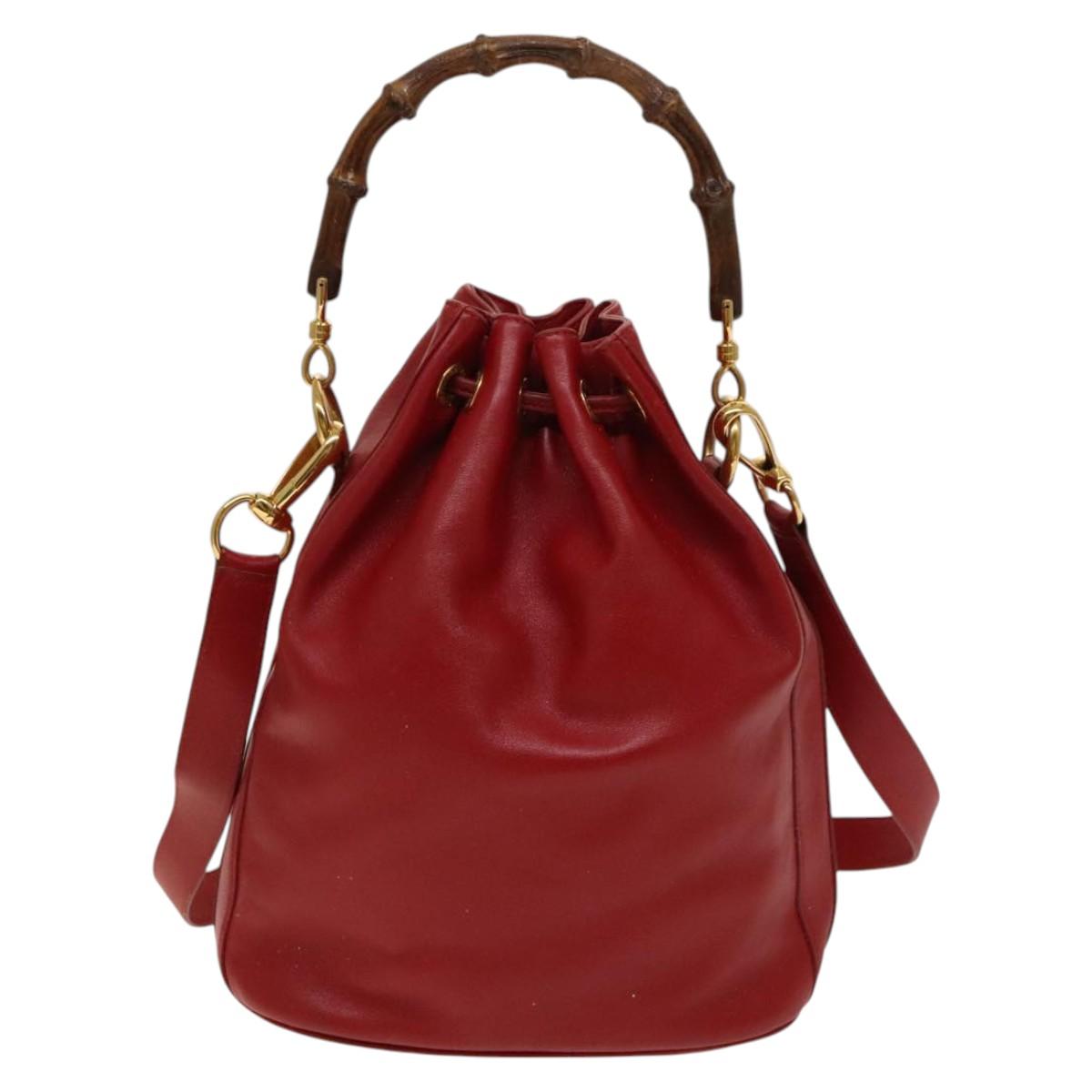 GUCCI Bamboo Hand Bag Leather 2way Red Gold 001 2040 1657 Auth 139272
