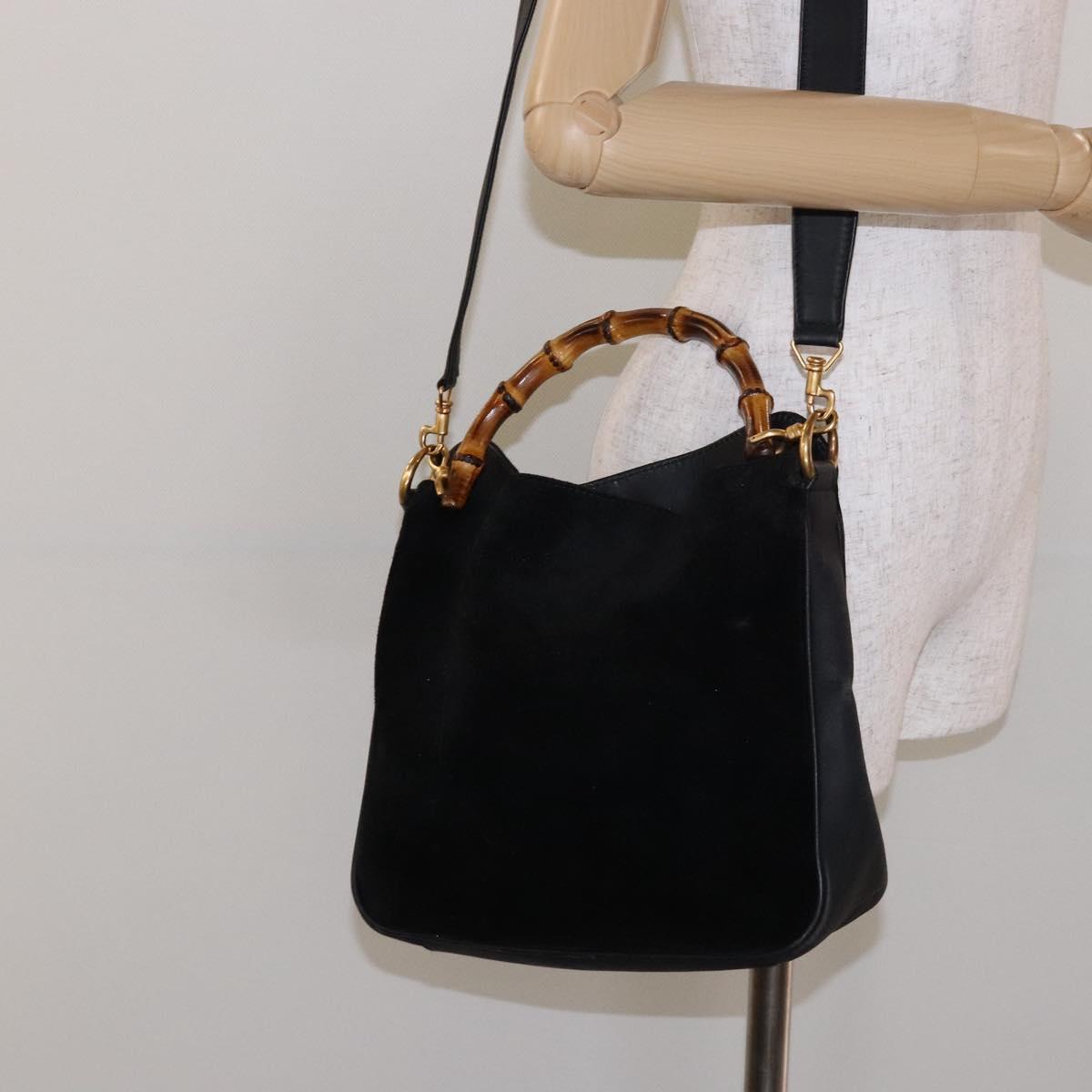 GUCCI Bamboo Shoulder Bag Suede 2way Black Gold 001 3754 1638 Auth 139273