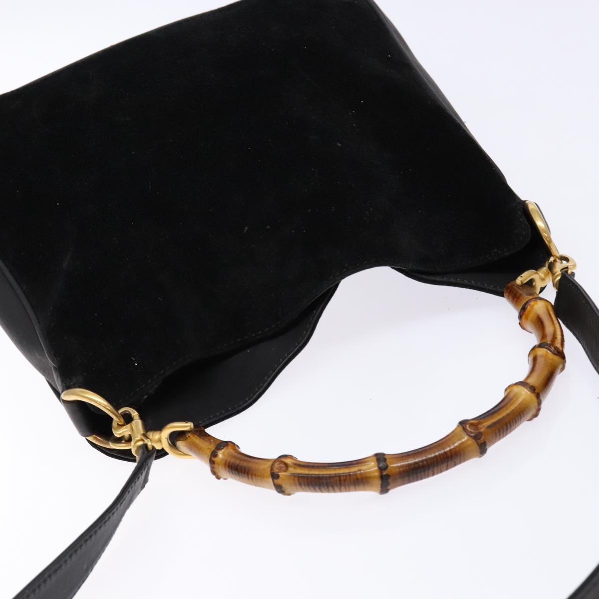 GUCCI Bamboo Shoulder Bag Suede 2way Black Gold 001 3754 1638 Auth 139273