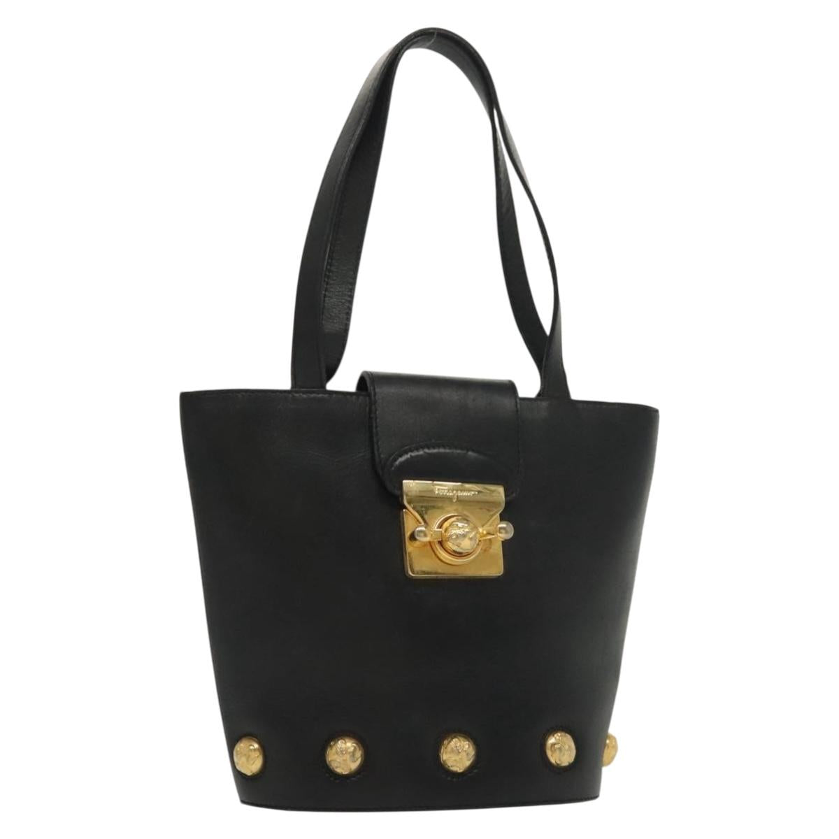 Salvatore Ferragamo Hand Bag Leather Black Gold Auth 139277