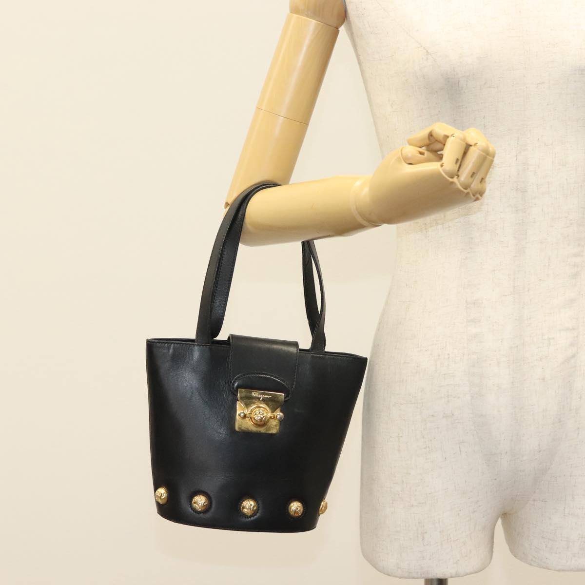 Salvatore Ferragamo Hand Bag Leather Black Gold Auth 139277