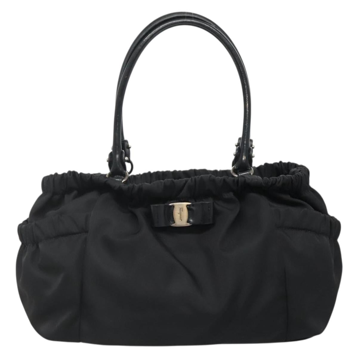 Salvatore Ferragamo Vala Hand Bag Nylon Black Silver Auth 139278