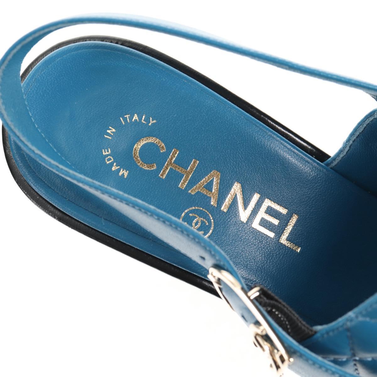 CHANEL Matelasse Heel Sandals Leather Blue CC Auth 139286M