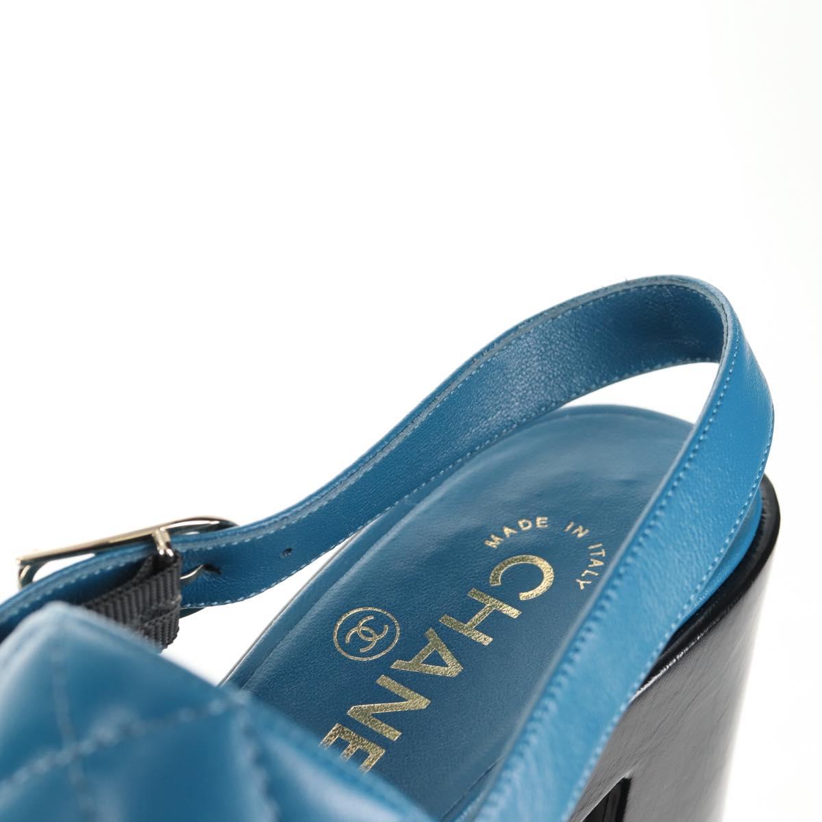 CHANEL Matelasse Heel Sandals Leather Blue CC Auth 139286M