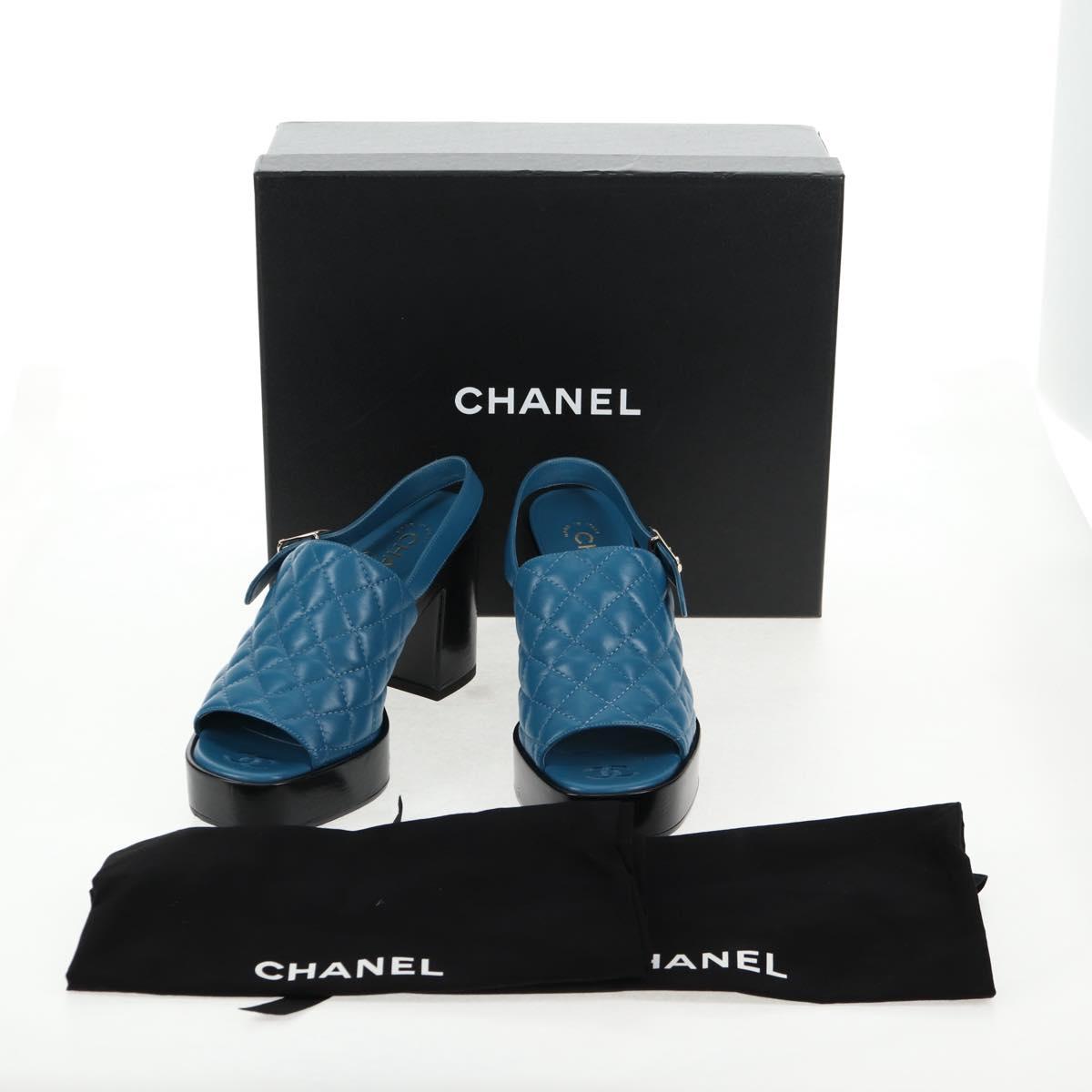 CHANEL Matelasse Heel Sandals Leather Blue CC Auth 139286M