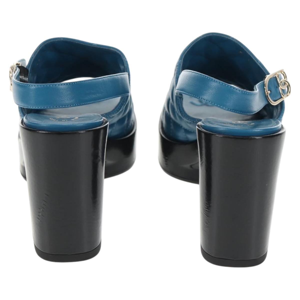 CHANEL Matelasse Heel Sandals Leather Blue CC Auth 139286M