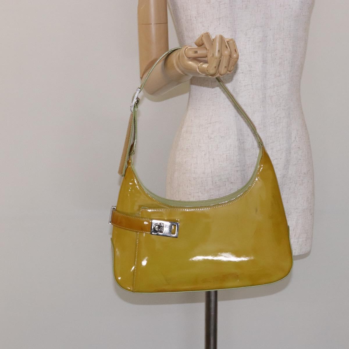 Salvatore Ferragamo Gancini Bag Patent leather Yellow Silver Auth 139287