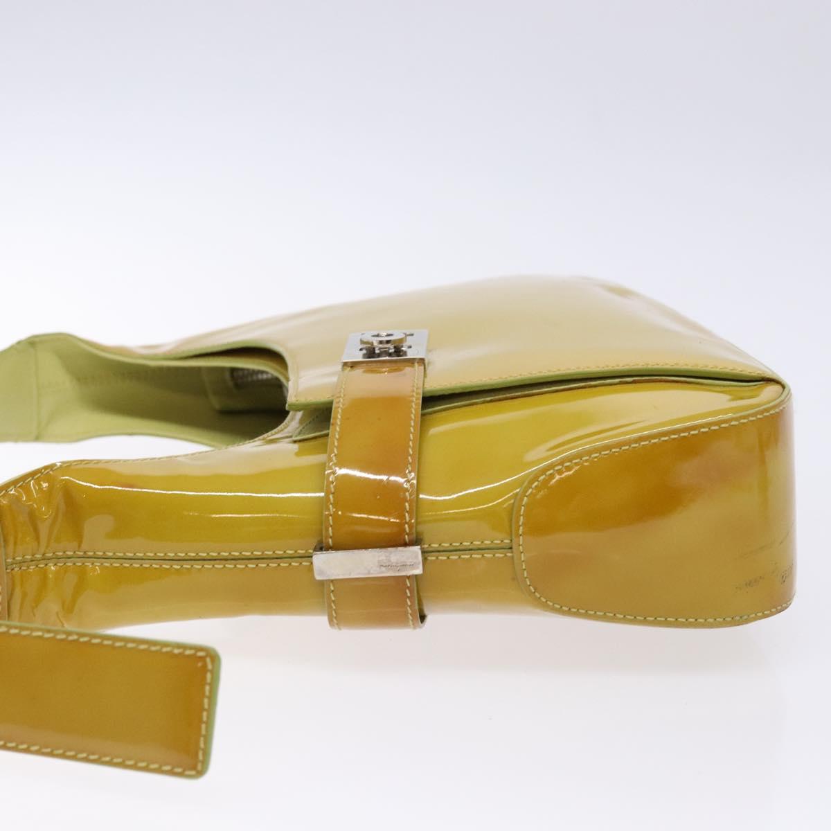 Salvatore Ferragamo Gancini Bag Patent leather Yellow Silver Auth 139287