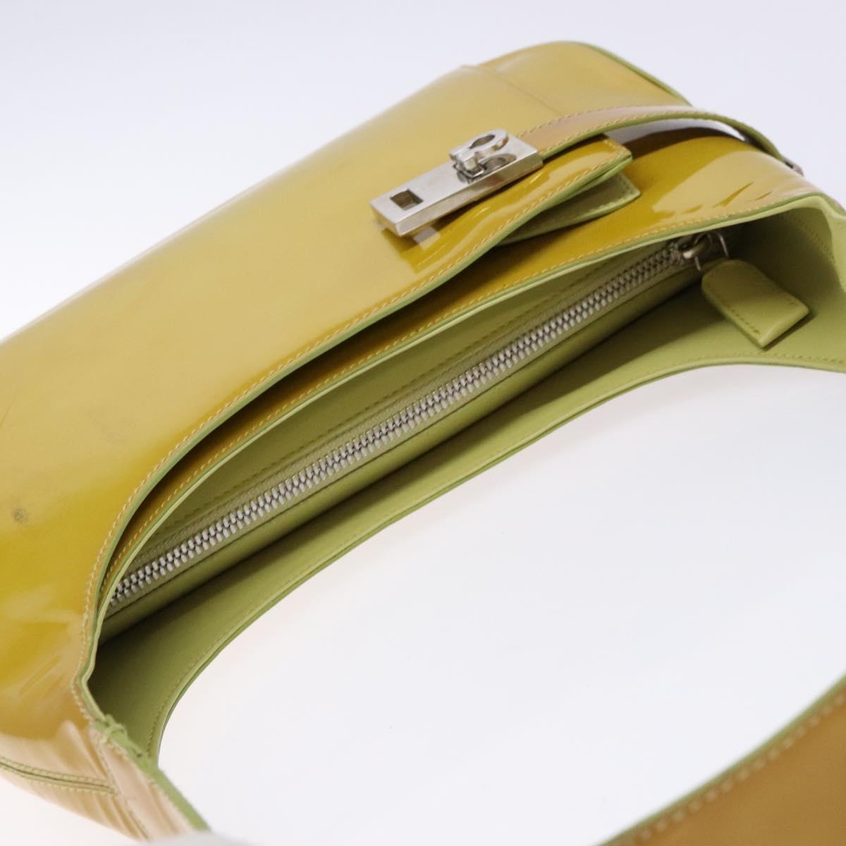 Salvatore Ferragamo Gancini Bag Patent leather Yellow Silver Auth 139287