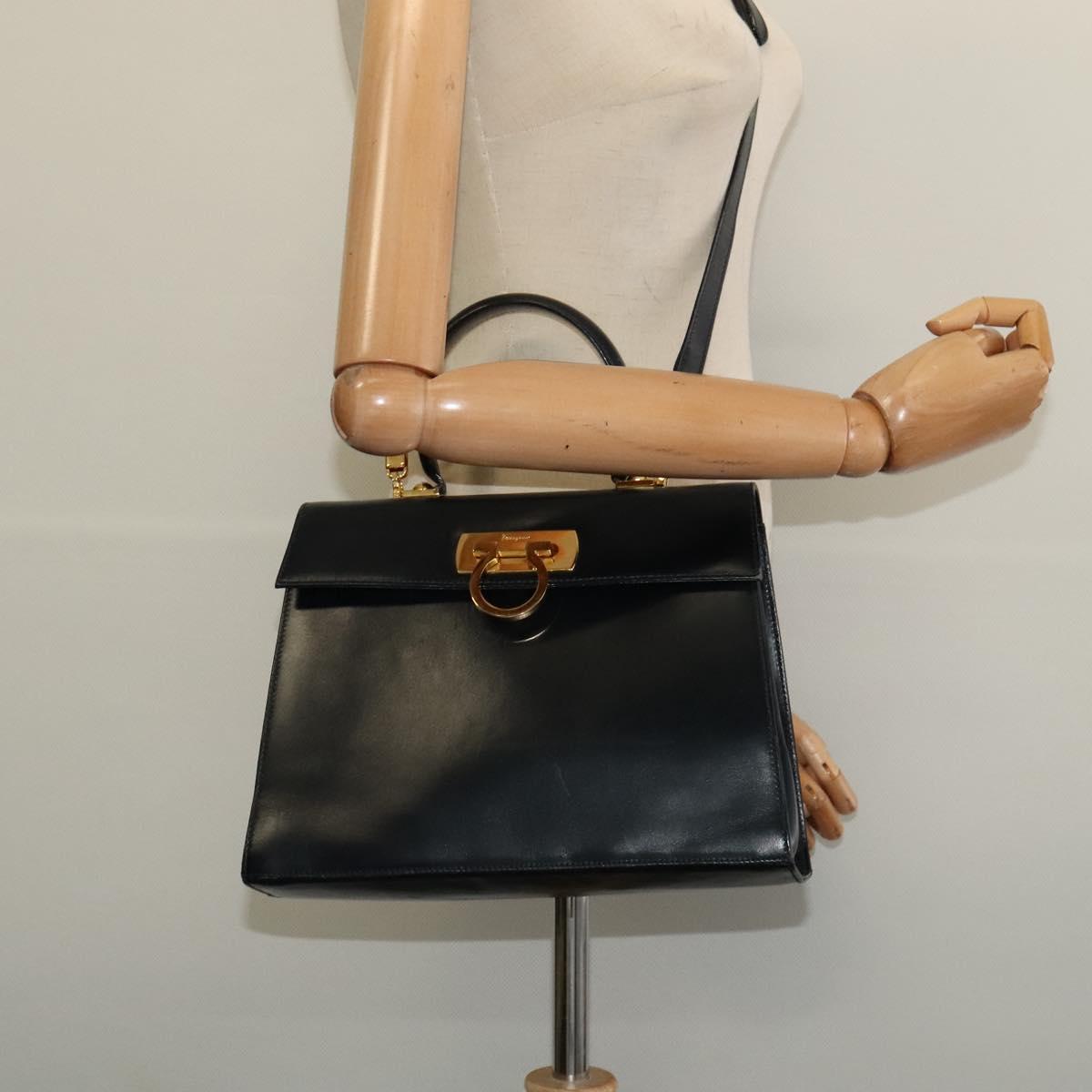 Salvatore Ferragamo Gancini Hand Bag Leather 2way Black Gold Auth 139351