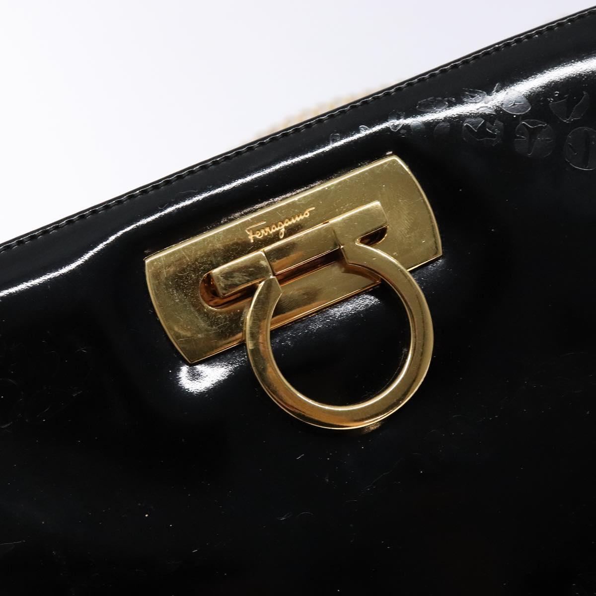 Salvatore Ferragamo Gancini Chain Shoulder Bag Enamel Black Gold Auth 139352
