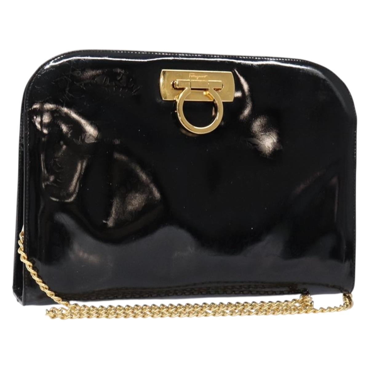 Salvatore Ferragamo Gancini Chain Shoulder Bag Enamel Black Gold Auth 139352