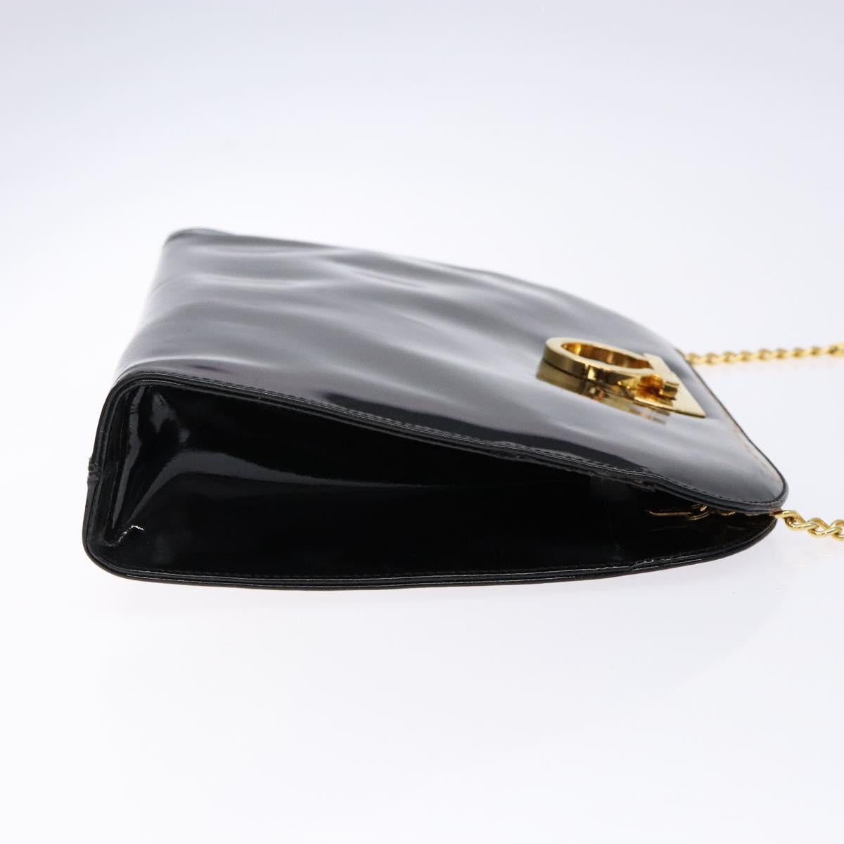 Salvatore Ferragamo Gancini Chain Shoulder Bag Enamel Black Gold Auth 139352