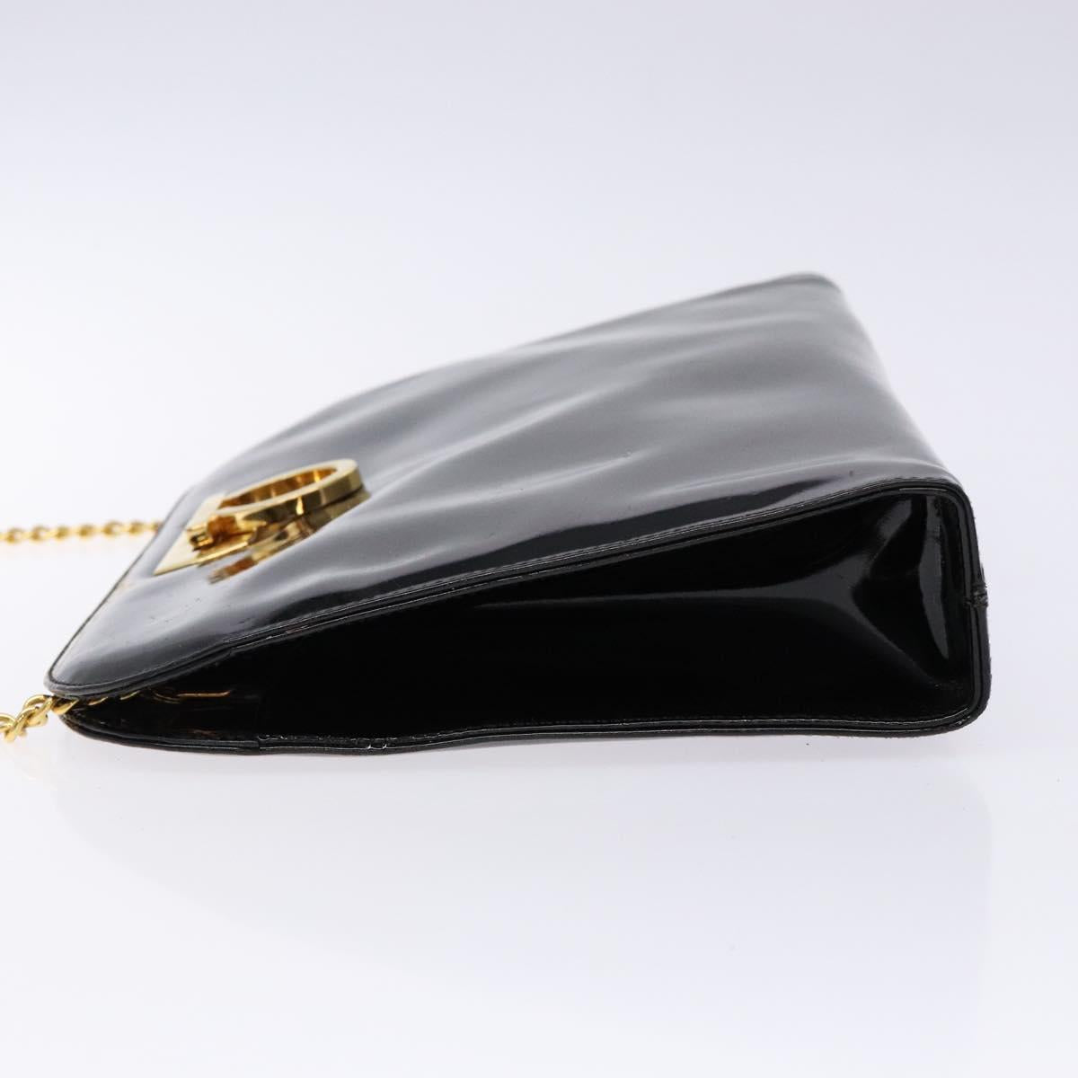 Salvatore Ferragamo Gancini Chain Shoulder Bag Enamel Black Gold Auth 139352