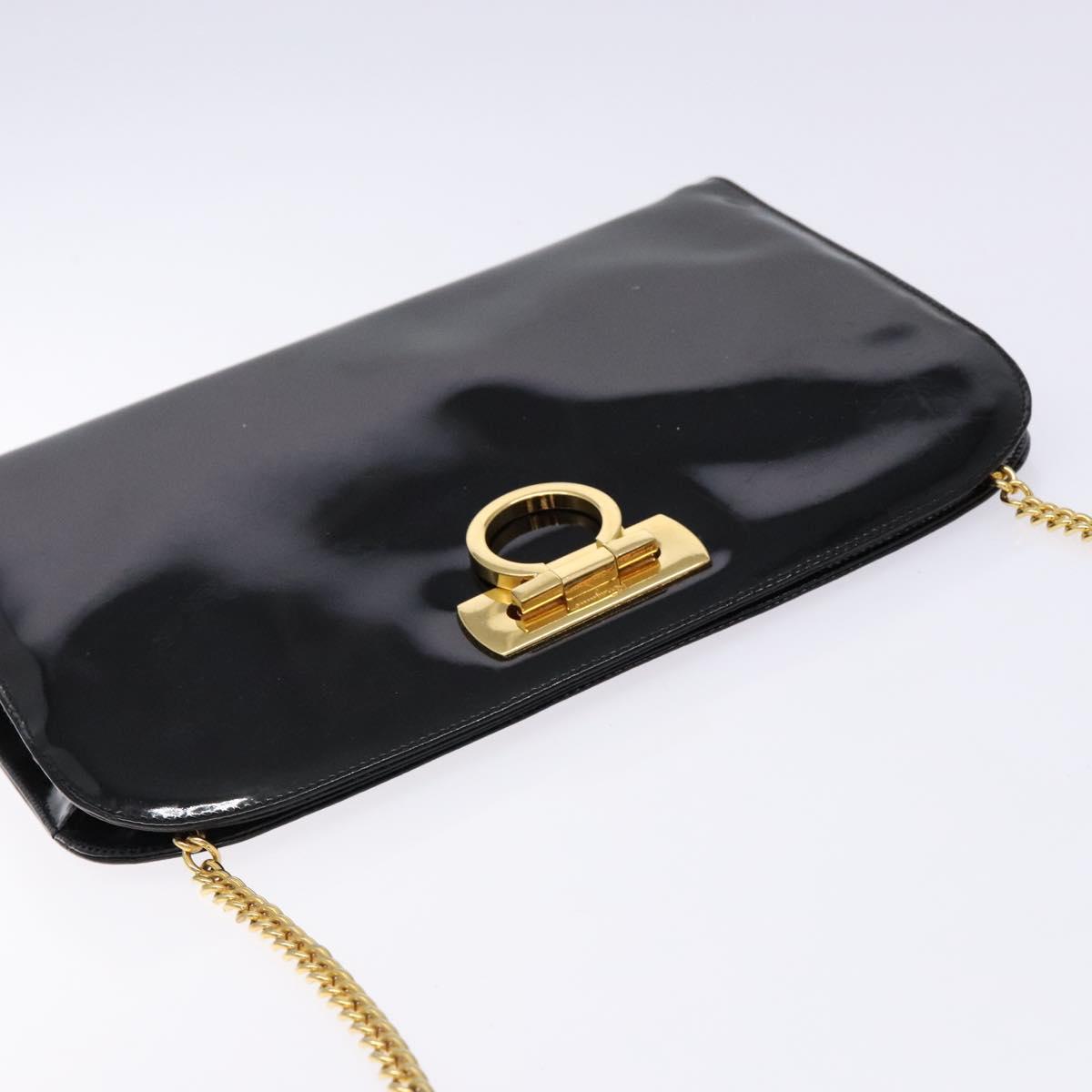 Salvatore Ferragamo Gancini Chain Shoulder Bag Enamel Black Gold Auth 139352