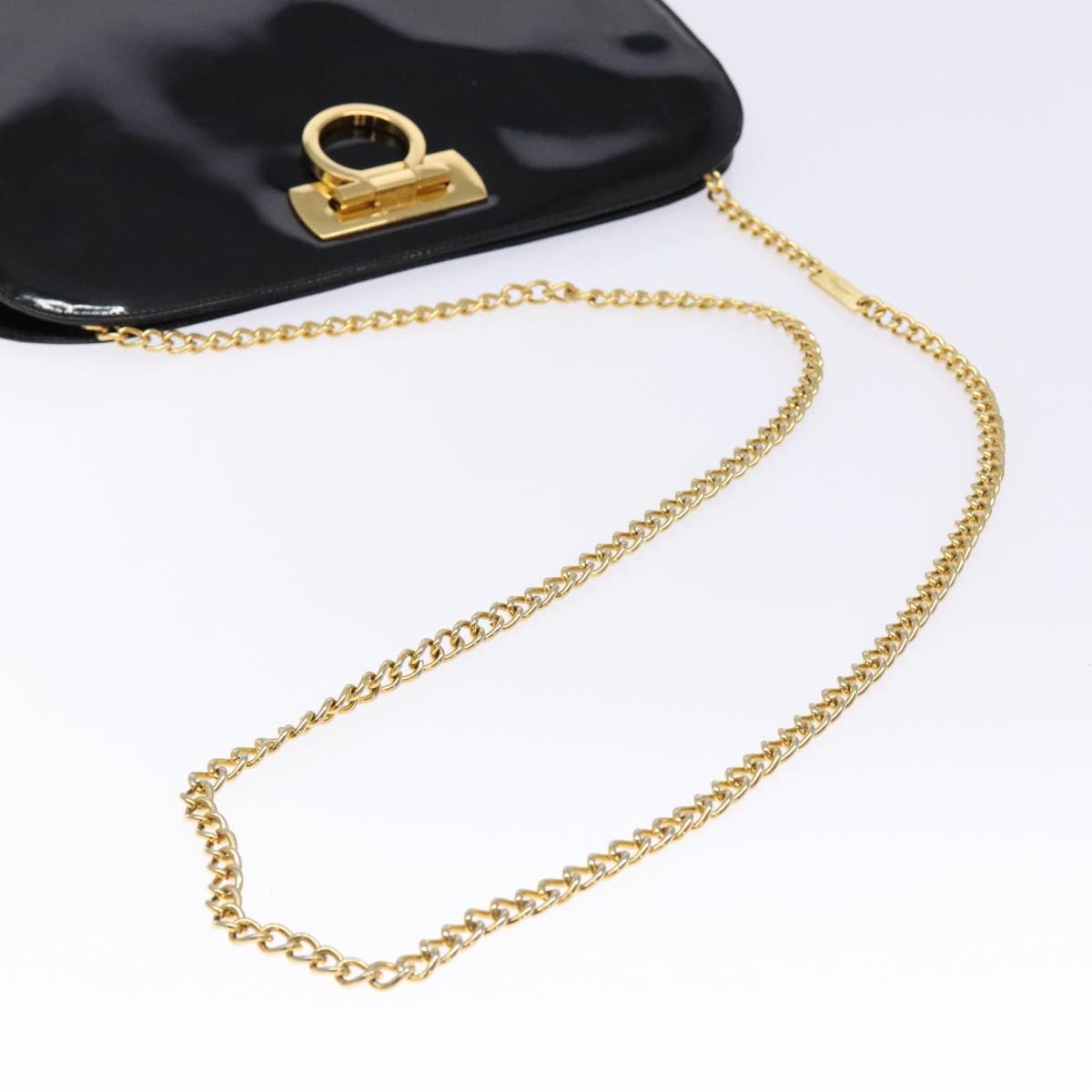 Salvatore Ferragamo Gancini Chain Shoulder Bag Enamel Black Gold Auth 139352