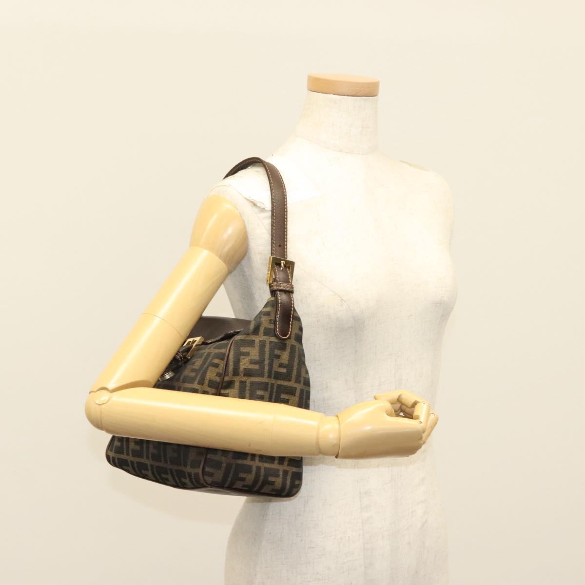 FENDI Zucca Canvas Shoulder Bag Black Brown Auth 139367