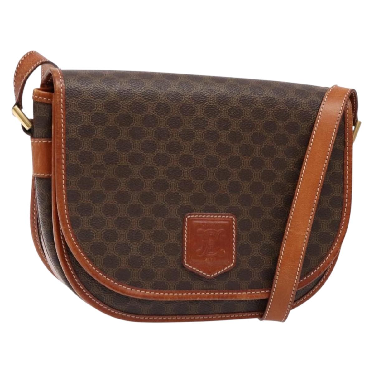 CELINE Macadam Canvas Shoulder Bag PVC Leather Brown Gold Auth 139393