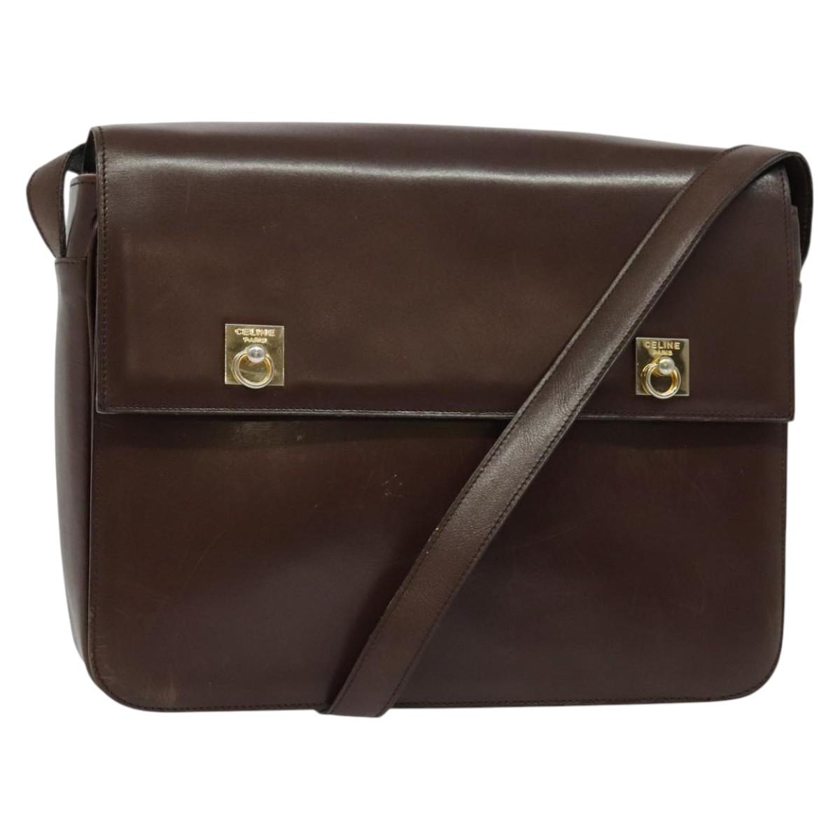 CELINE Shoulder Bag Leather Brown Gold Auth 139394