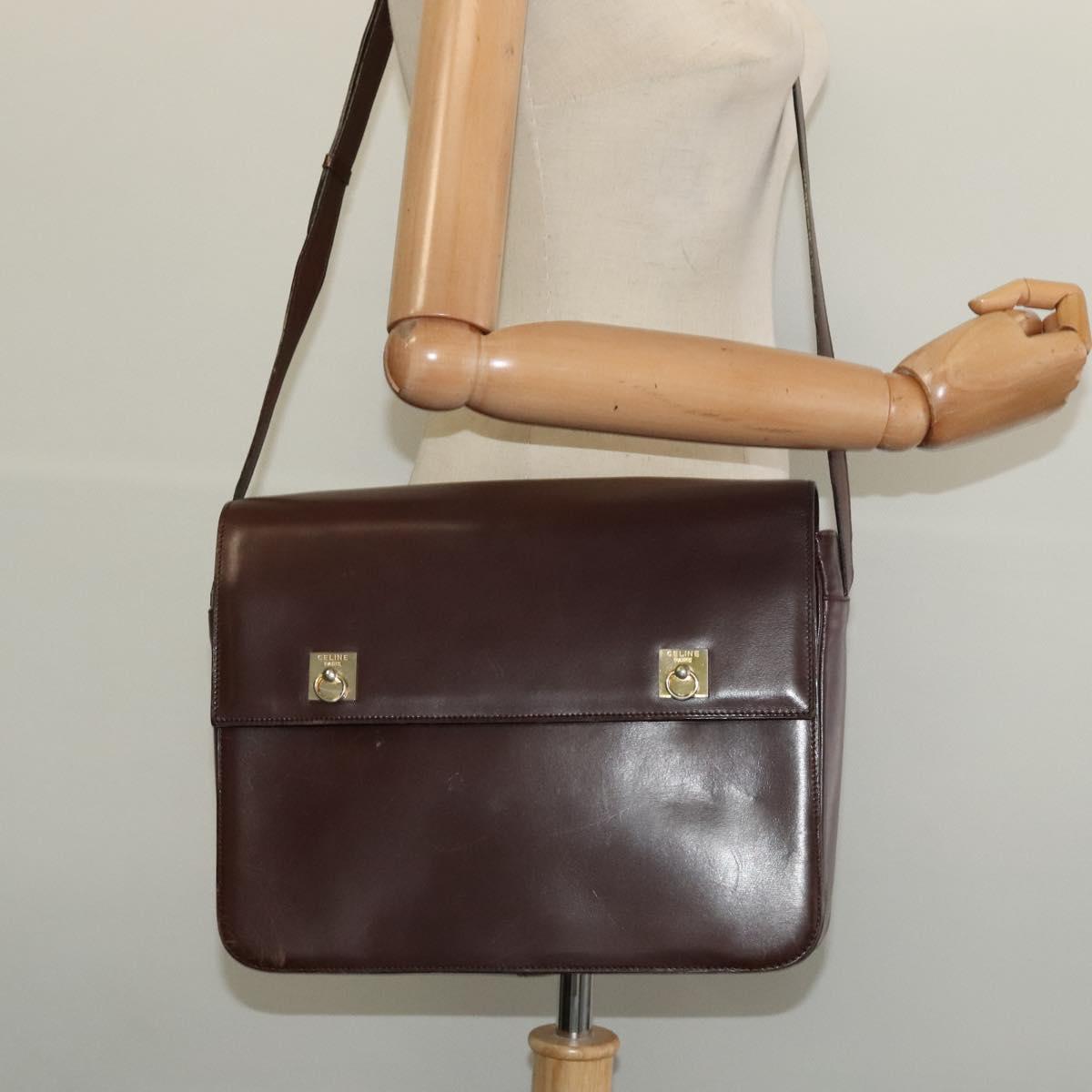 CELINE Shoulder Bag Leather Brown Gold Auth 139394