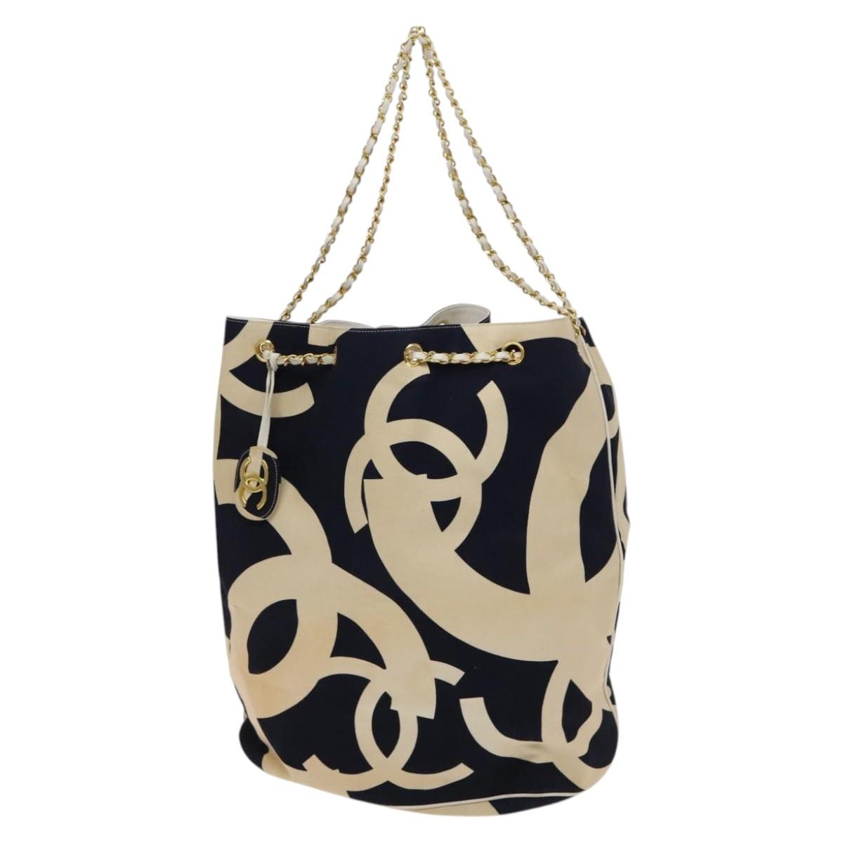 CHANEL Chain Tote Bag Canvas Navy Gold CC Auth 139465