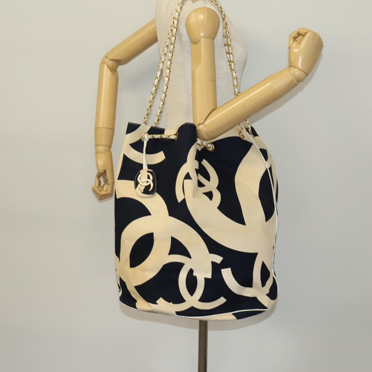 CHANEL Chain Tote Bag Canvas Navy Gold CC Auth 139465