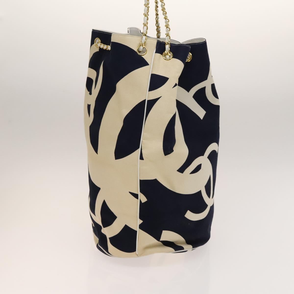 CHANEL Chain Tote Bag Canvas Navy Gold CC Auth 139465