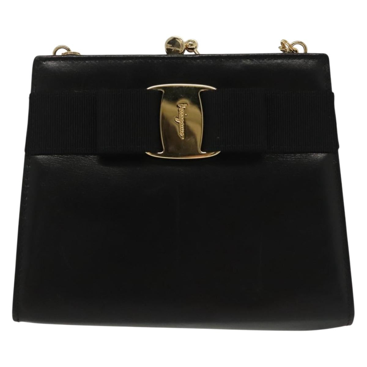 Salvatore Ferragamo Chain Vala Shoulder Bag Leather Black Gold Auth 139529