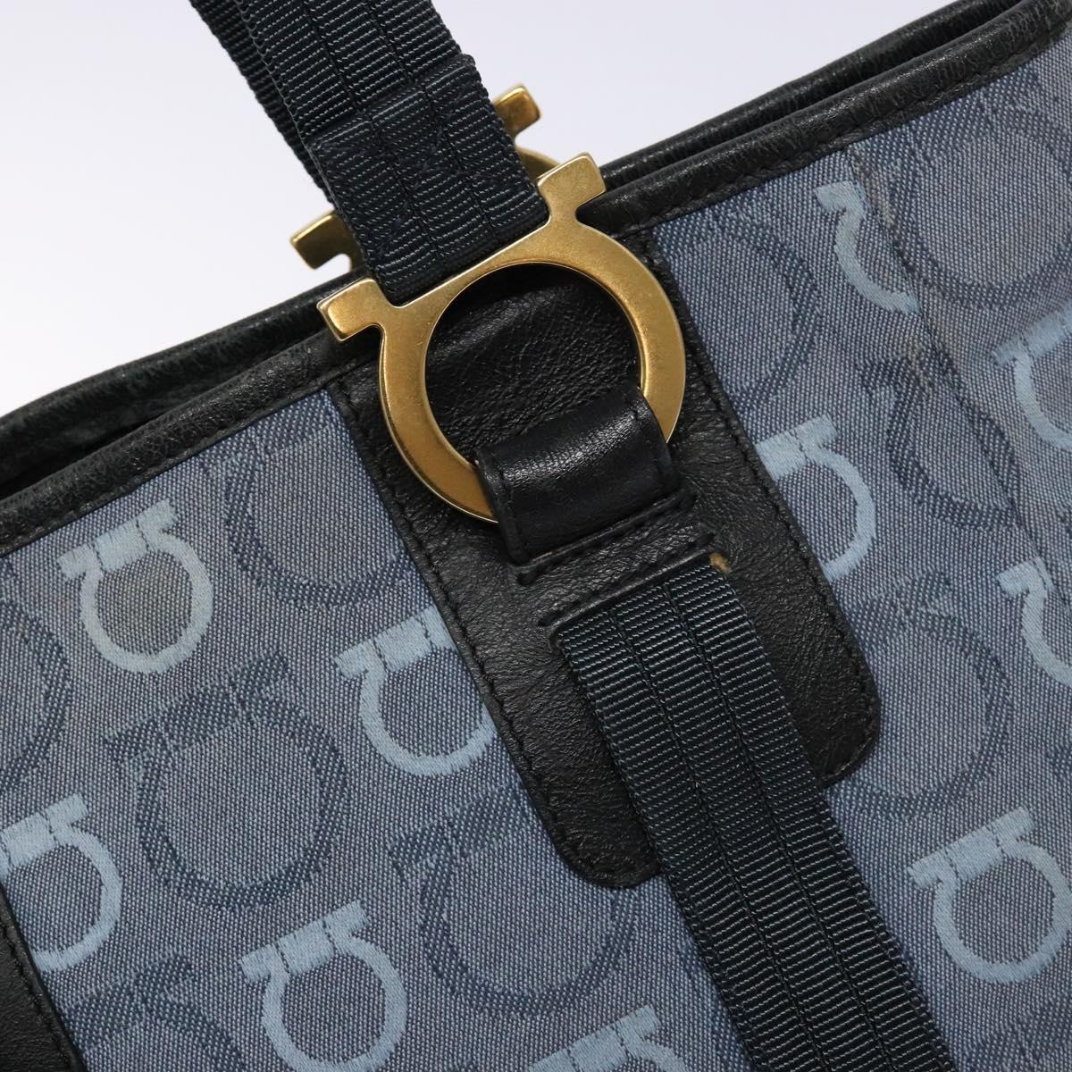 Salvatore Ferragamo Gancini Tote Bag Canvas Blue Gold Auth 139532