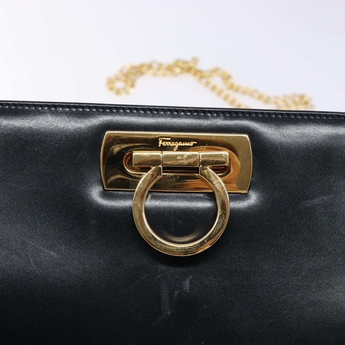 Salvatore Ferragamo Gancini Chain Shoulder Bag Leather Navy Gold Auth 139543