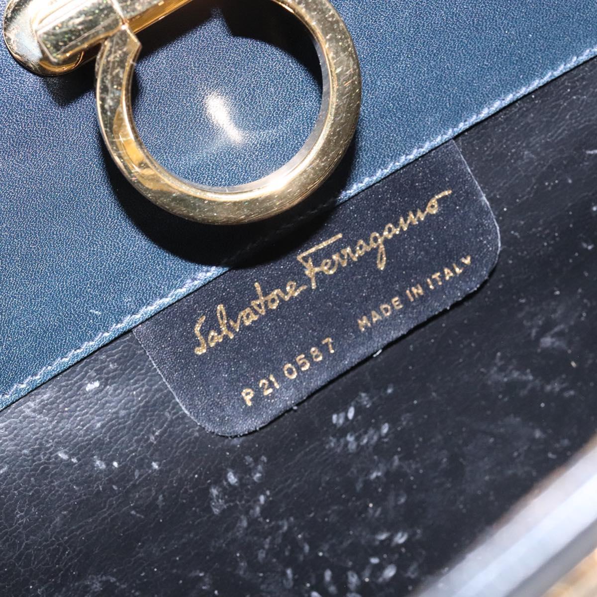 Salvatore Ferragamo Gancini Chain Shoulder Bag Leather Navy Gold Auth 139543