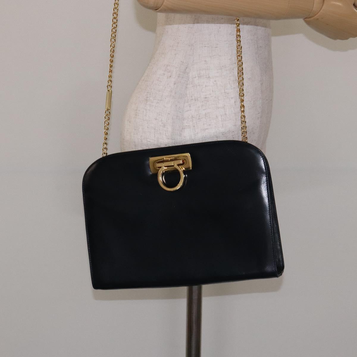 Salvatore Ferragamo Gancini Chain Shoulder Bag Leather Navy Gold Auth 139543